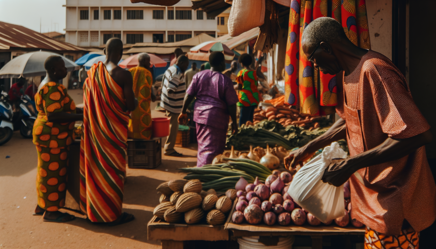 Shoppers at a busy outdoor market stall with fresh produce