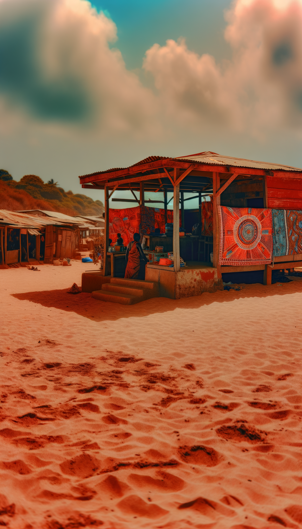 Rustic coastal structure on a sandy shore under open sky