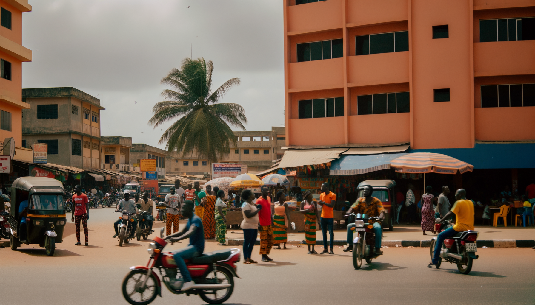 Street scene with people and motorcycles near a busy intersection