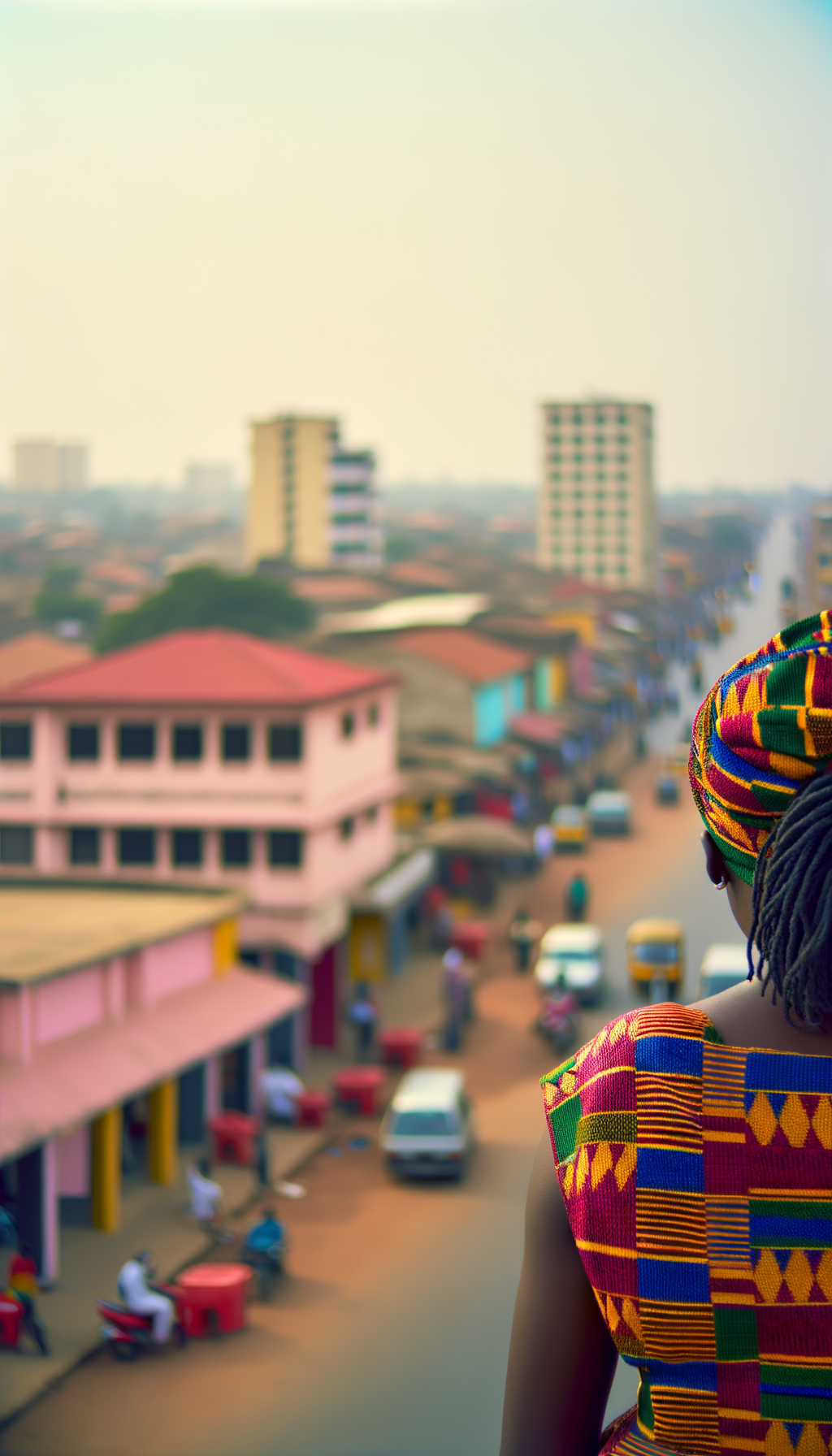 Person in vibrant patterned kente textile outdoors