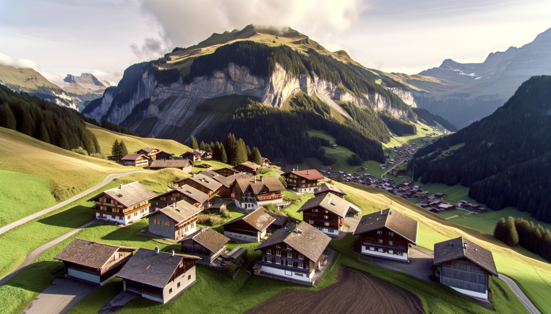 Aerial view of a Swiss alpine village among green mountains
