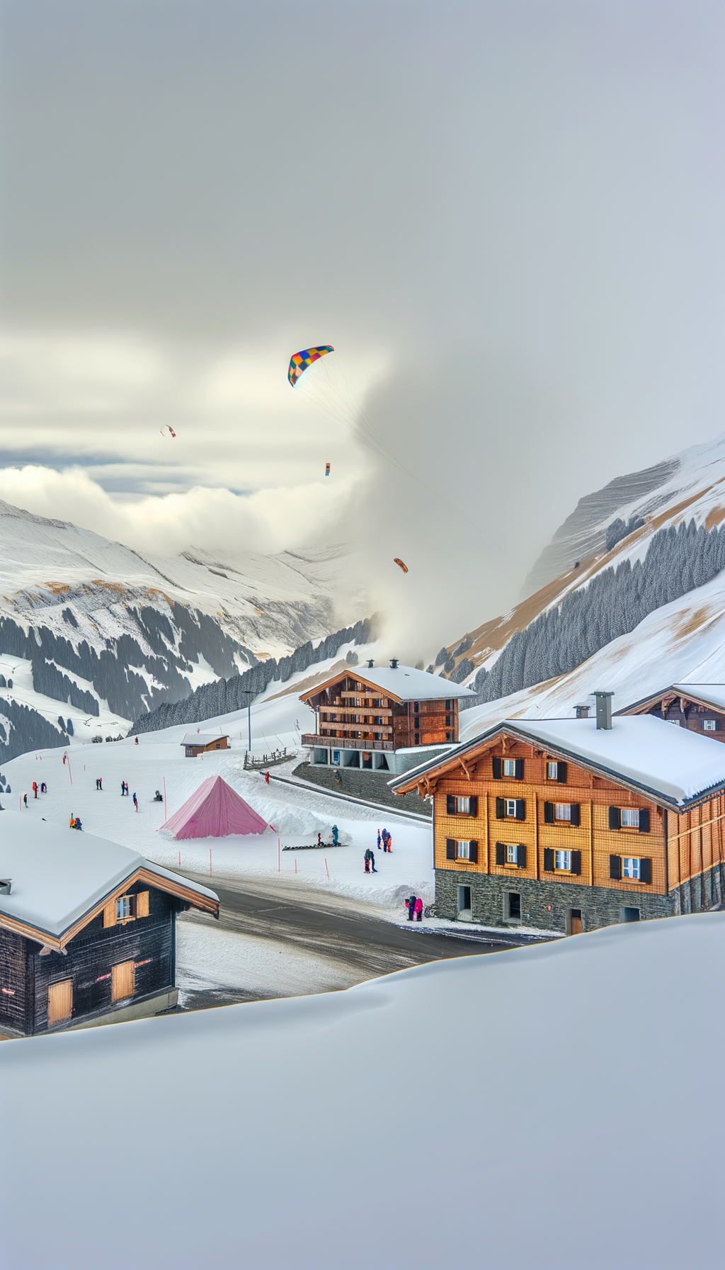Snow-covered Swiss mountain with people and colorful kites overhead