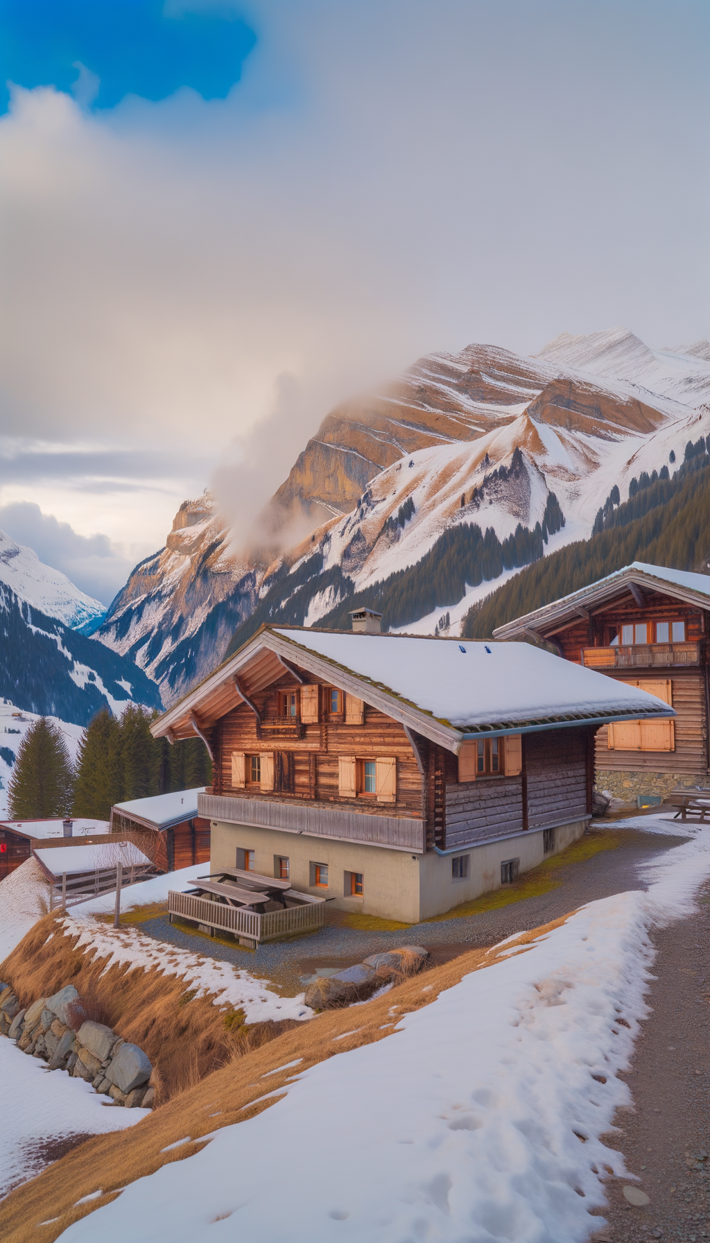 Snow-covered mountain peaks under a soft sky