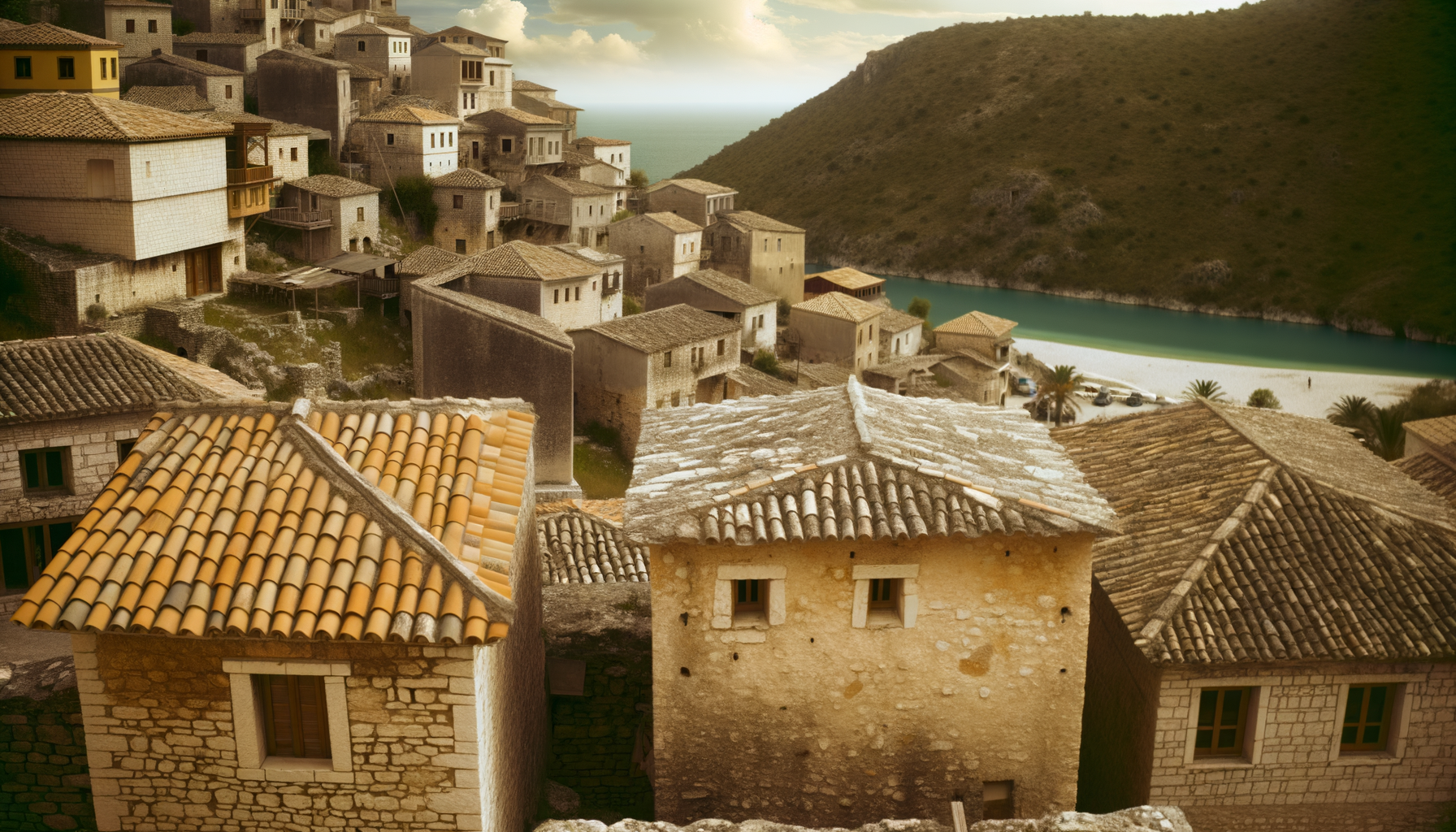 Colourful Albanian buildings on a hillside above rooftops