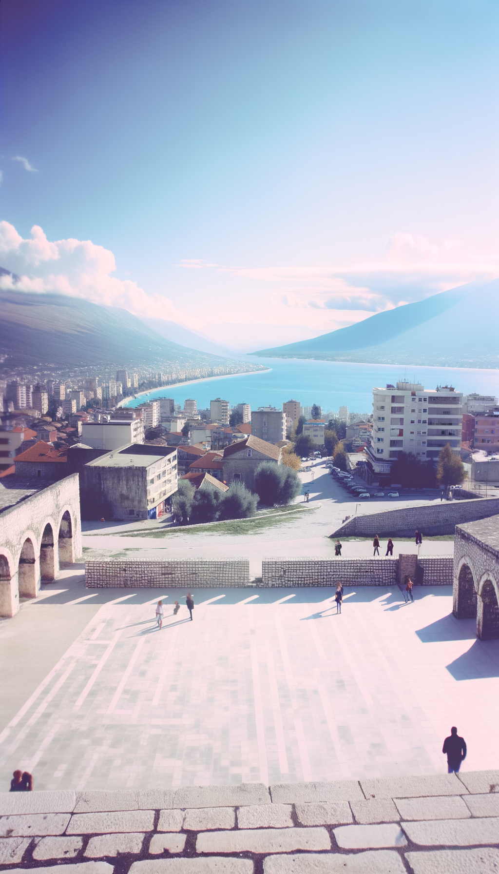 Urban Tirana scene with wide avenues and mountain backdrop