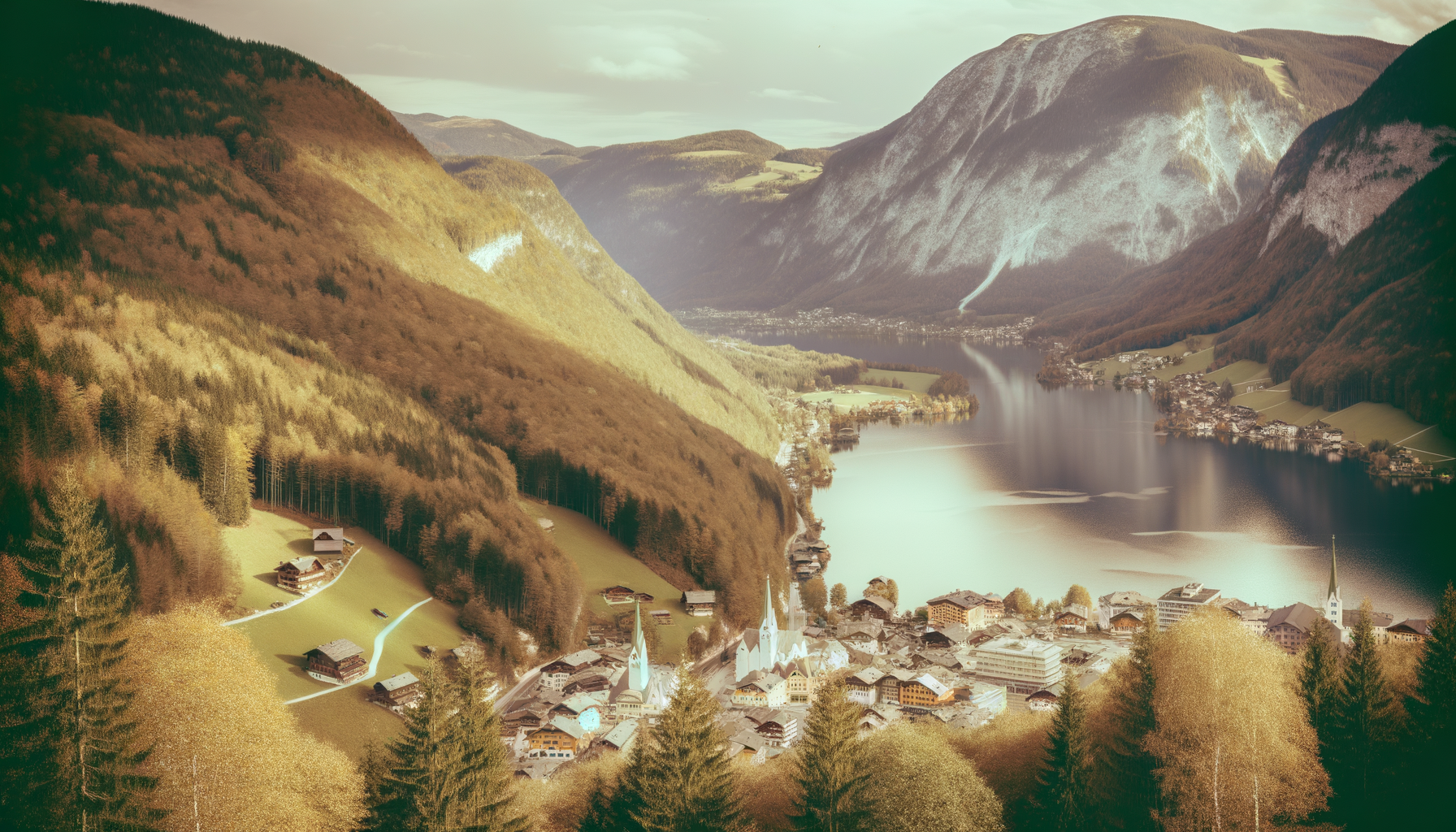 Alpine lake with village and steep forested slopes