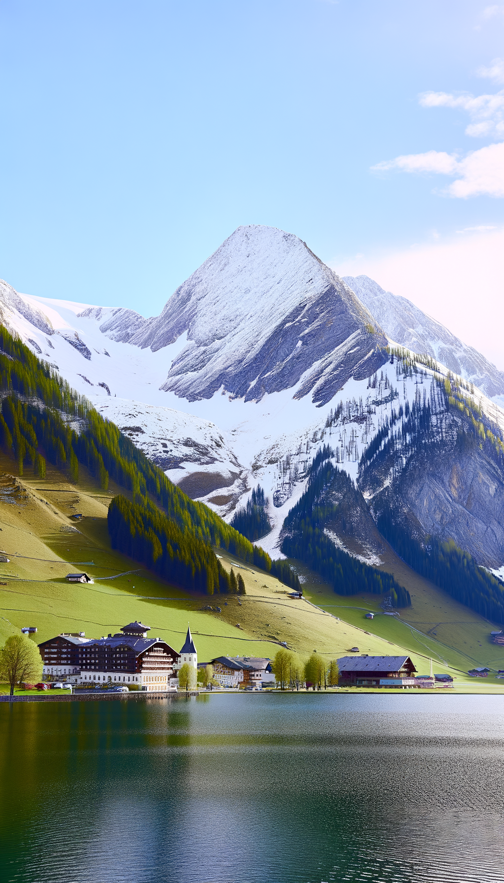 Snow-dusted peaks above green alpine meadows