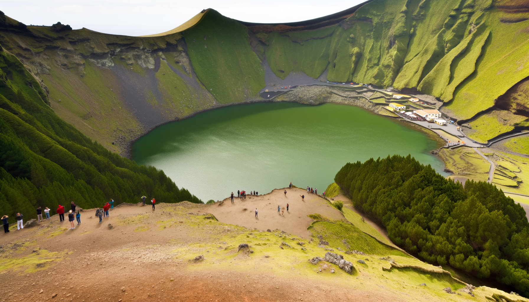 Green volcanic crater lake surrounded by hills