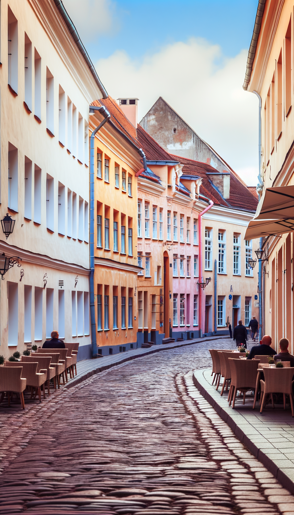 Cobblestone street with pastel buildings and café seating