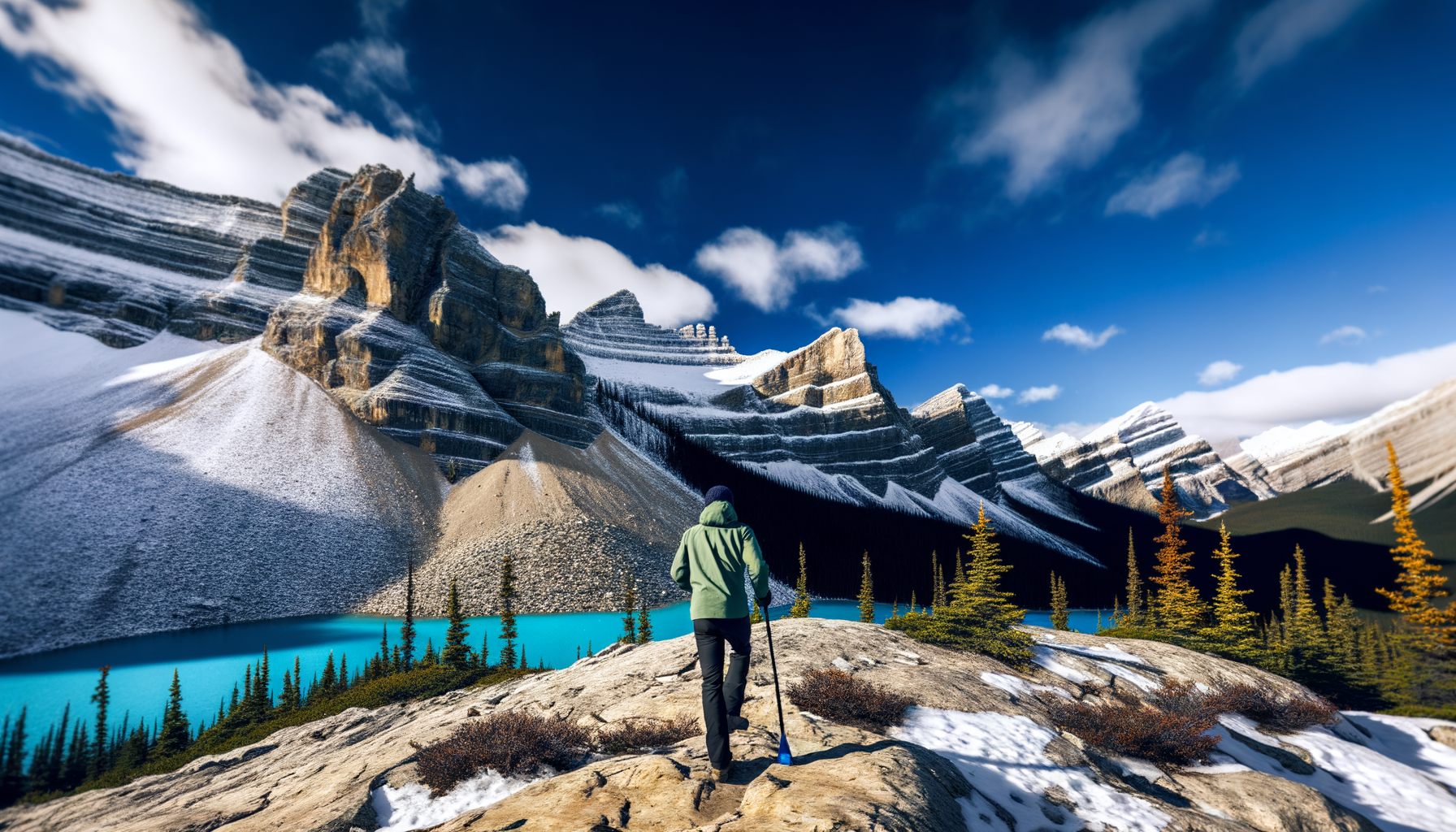 Hiker on a rocky ridge facing snow-dusted peaks under a blue sky