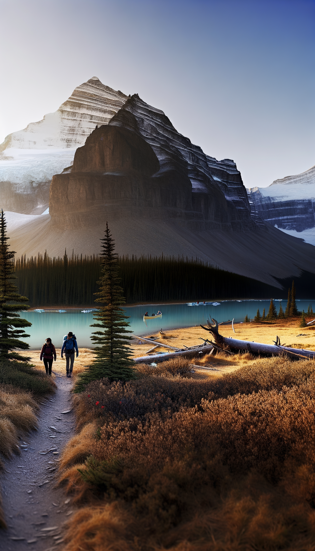Two hikers on a mountain trail toward a massive snow-capped peak