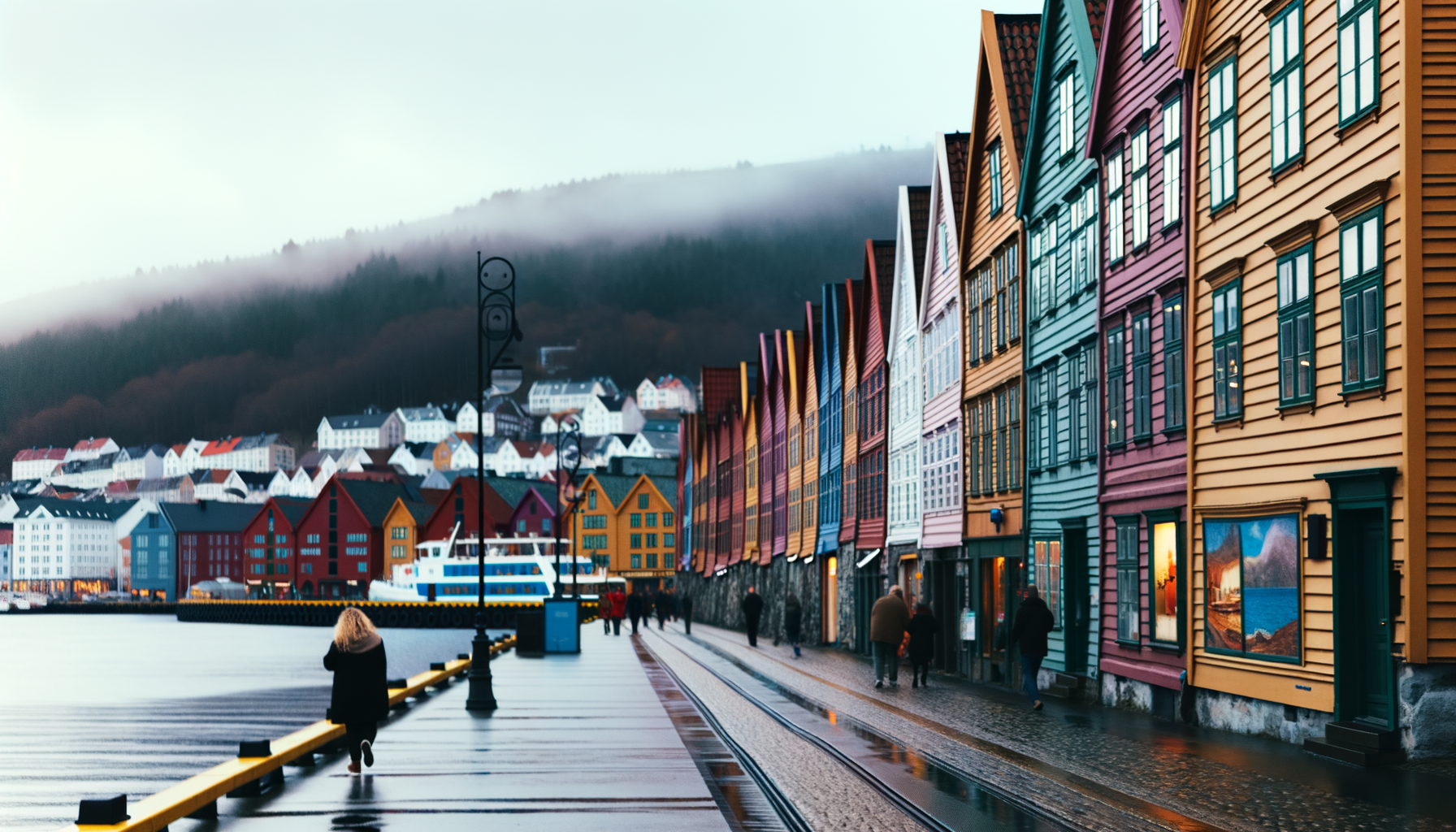 Colorful wooden buildings along a Norwegian harbor with mountains