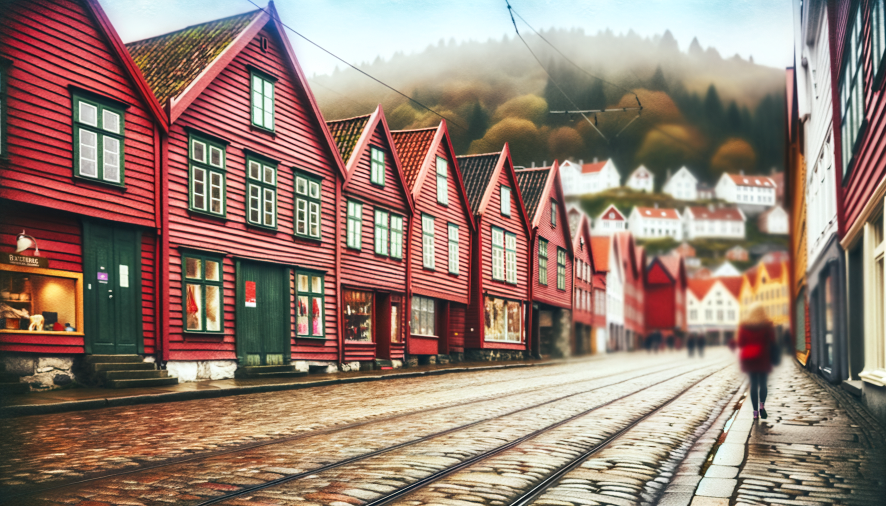 Cobblestone street lined with red wooden buildings in Bergen