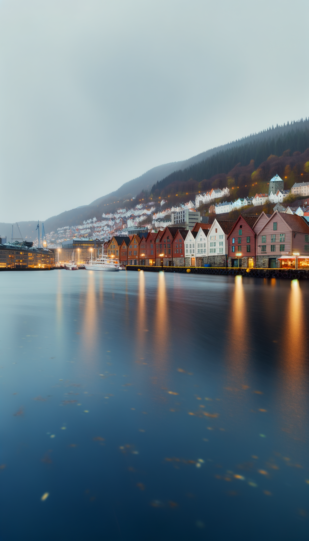 Calm harbor water with historic buildings along the shore