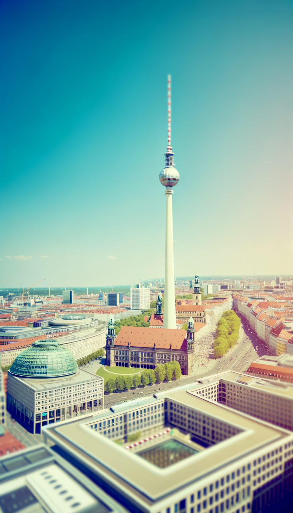 Berlin TV Tower and Alexanderplatz cityscape under a blue sky