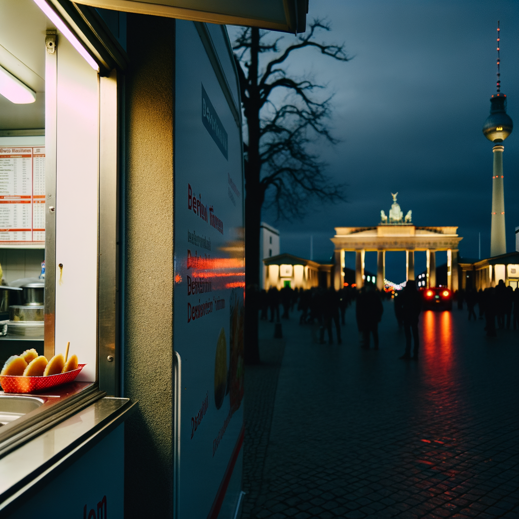 Brandenburg Gate illuminated at dusk with city lights