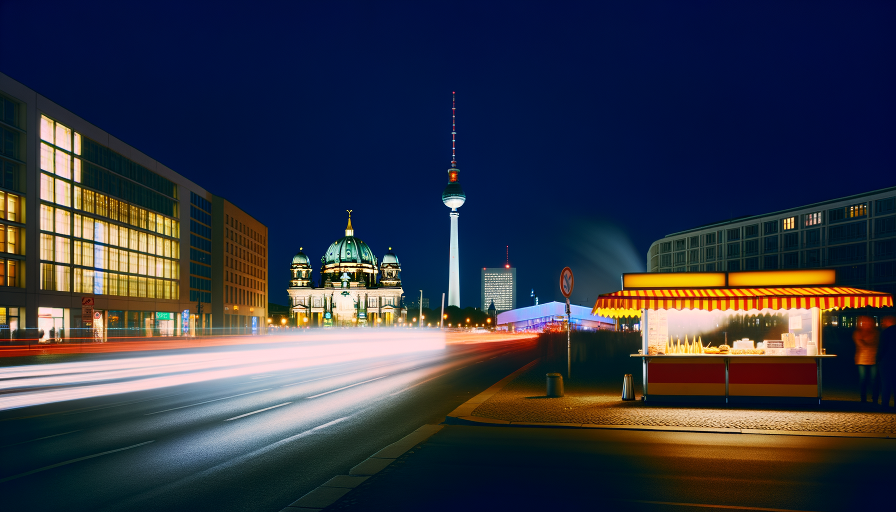 Berlin city street at night with traffic light trails and buildings