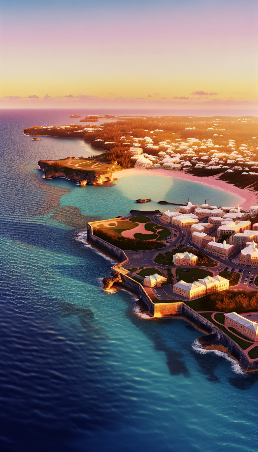 Aerial view of Bermuda coastline and buildings at sunset