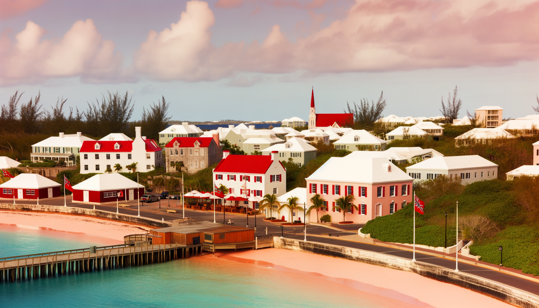 White and red buildings near a pink-sand beach