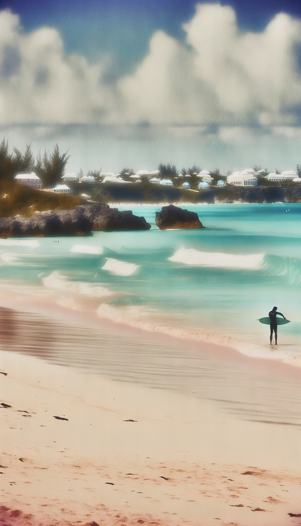 Surfer and turquoise waves off Bermuda from above