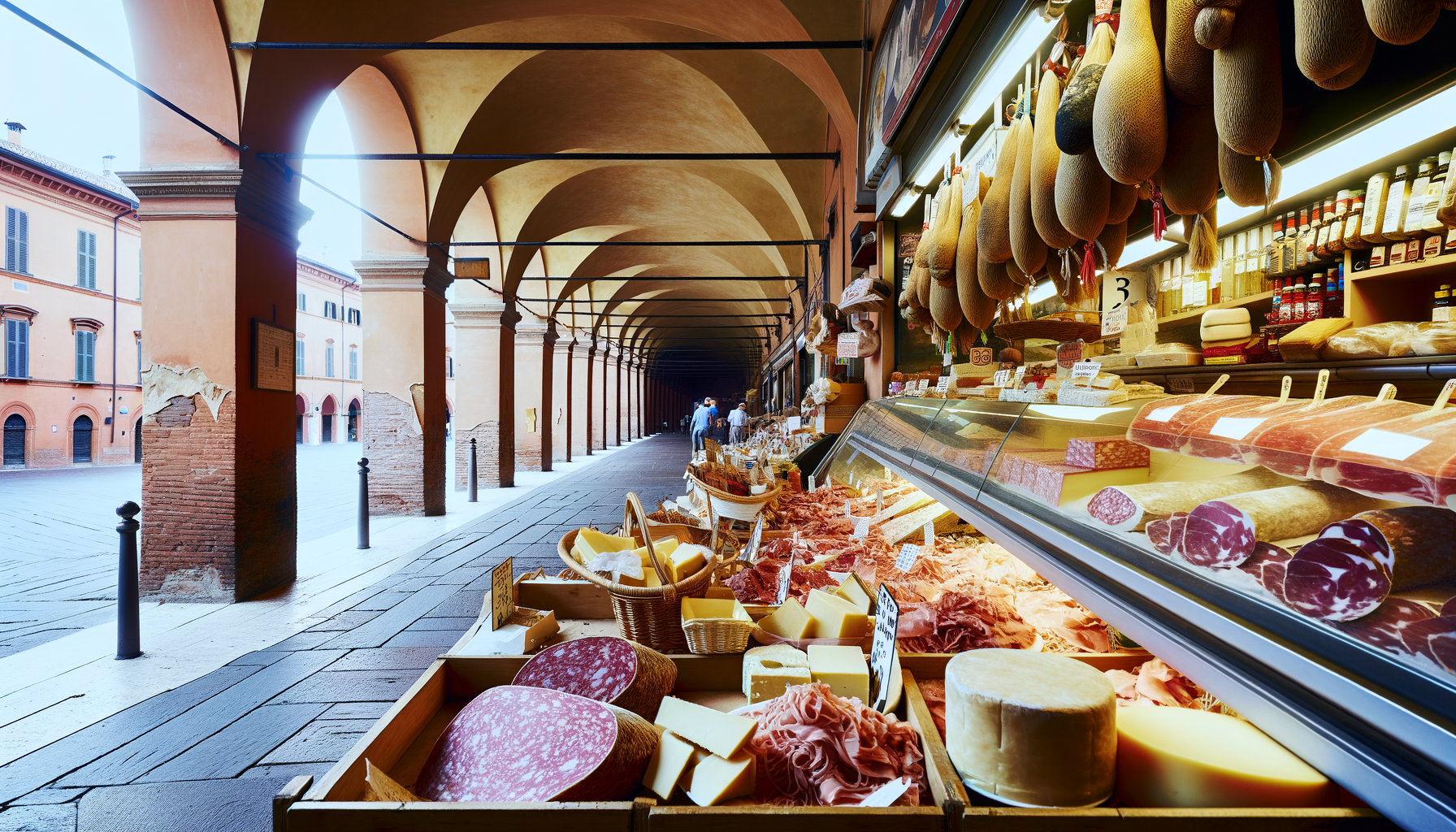 Deli counter with cured meats, cheeses, and prepared Italian foods