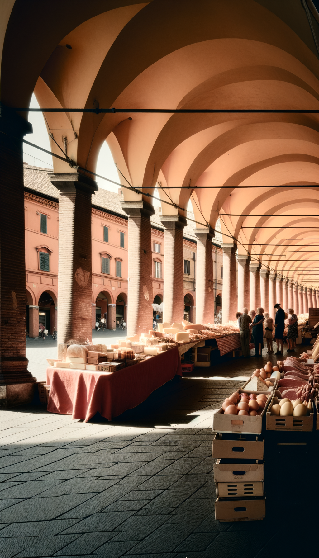 Market display of Italian cheeses and cured meats