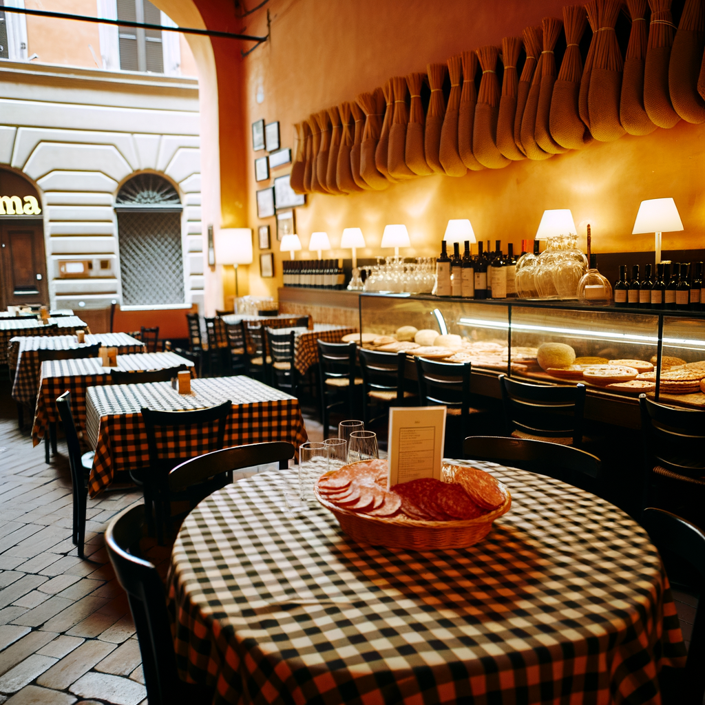 Italian restaurant interior with checkered tablecloths and warm light