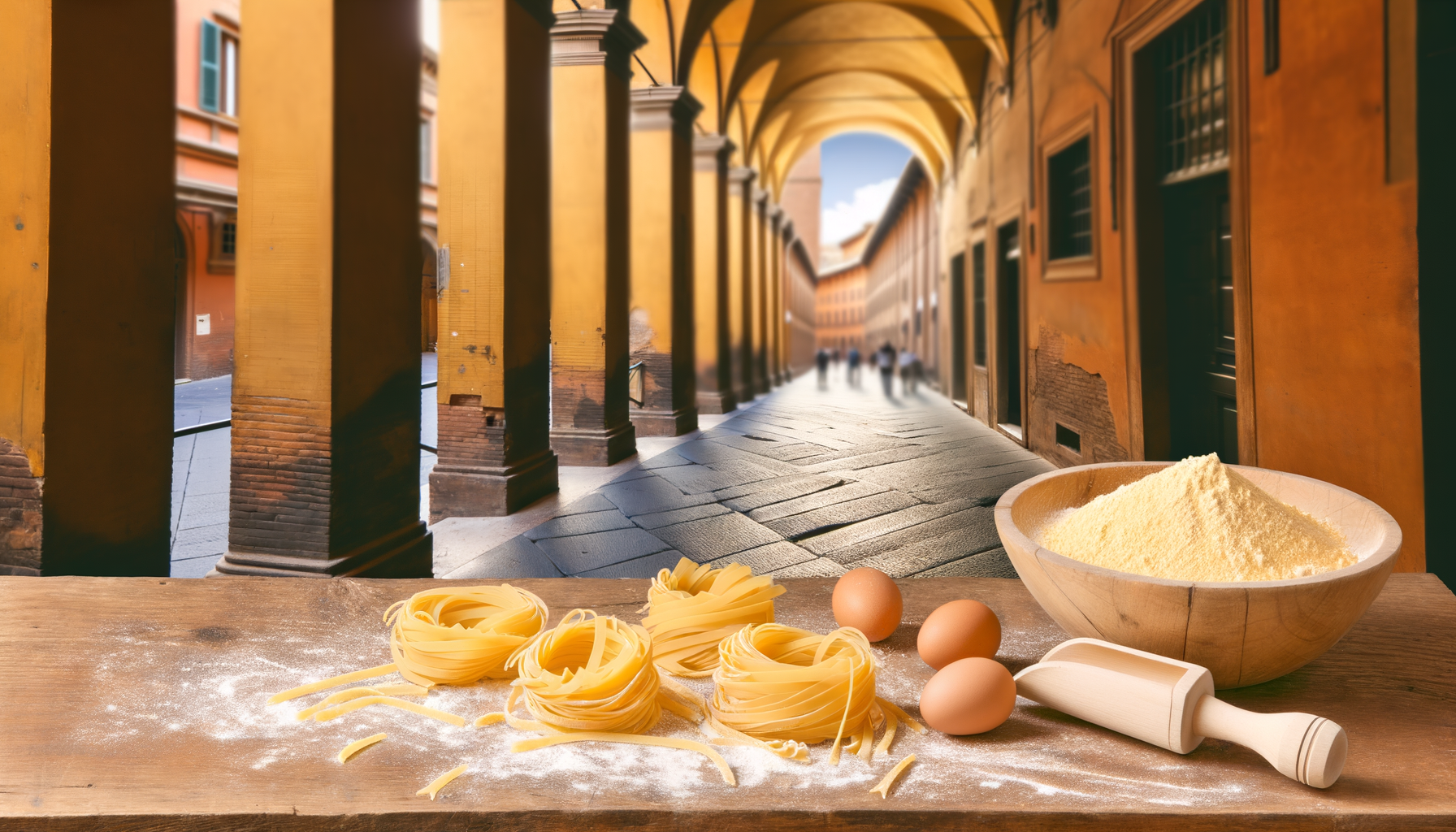 Fresh egg pasta ribbons and flour on a wooden kitchen surface