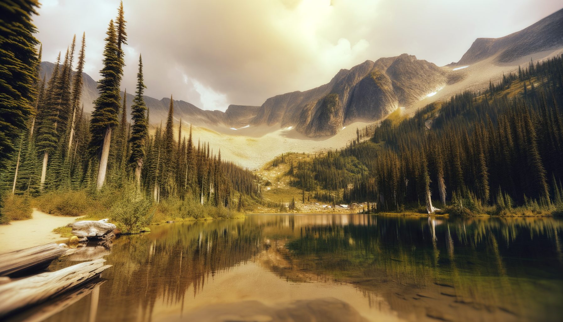 Mountain lake reflecting pine forest and peaks