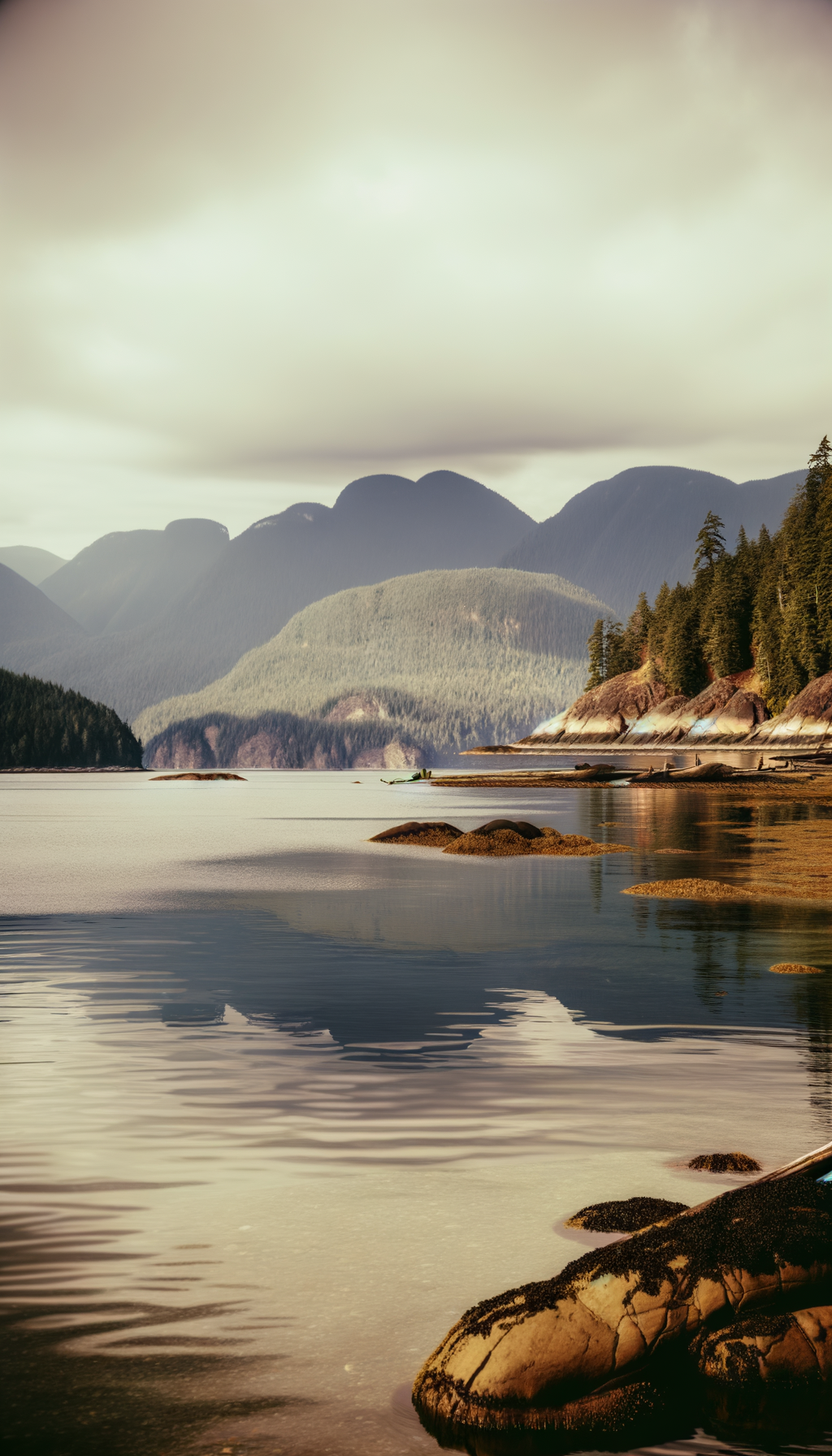Coastal mountains rising above calm water