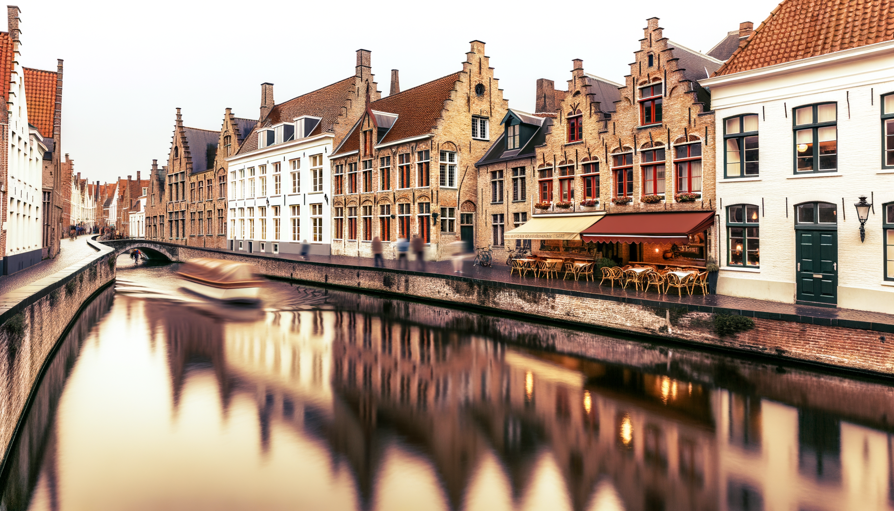 Picturesque canal curve with gabled houses reflected in still water