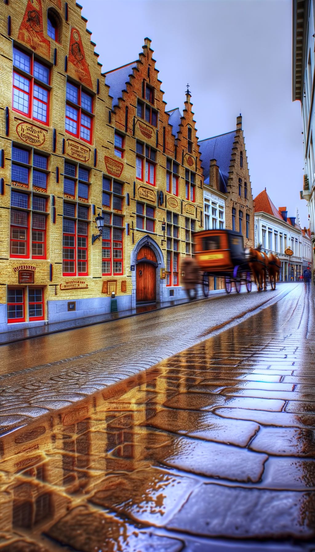 Cobblestone street with people among historic Flemish buildings