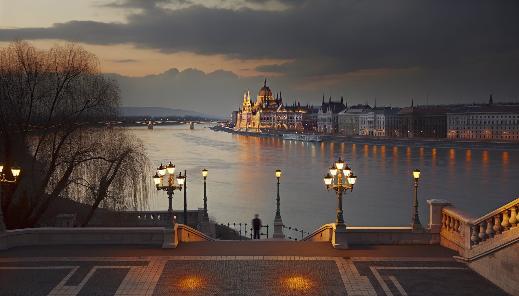 Danube river with the Hungarian Parliament and Pest riverfront at dusk