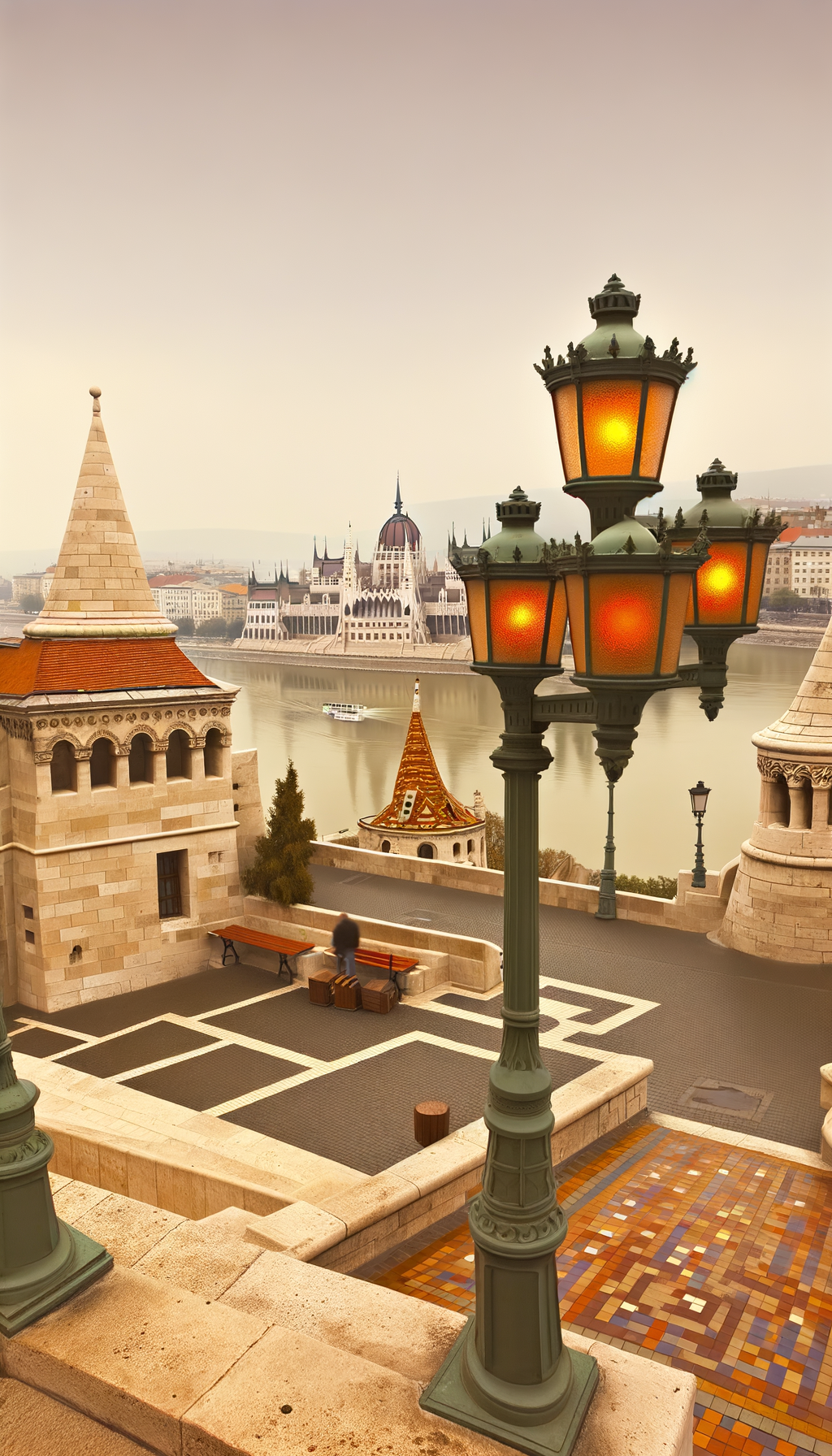 Fishermans Bastion towers and lookout over the Danube toward Pest