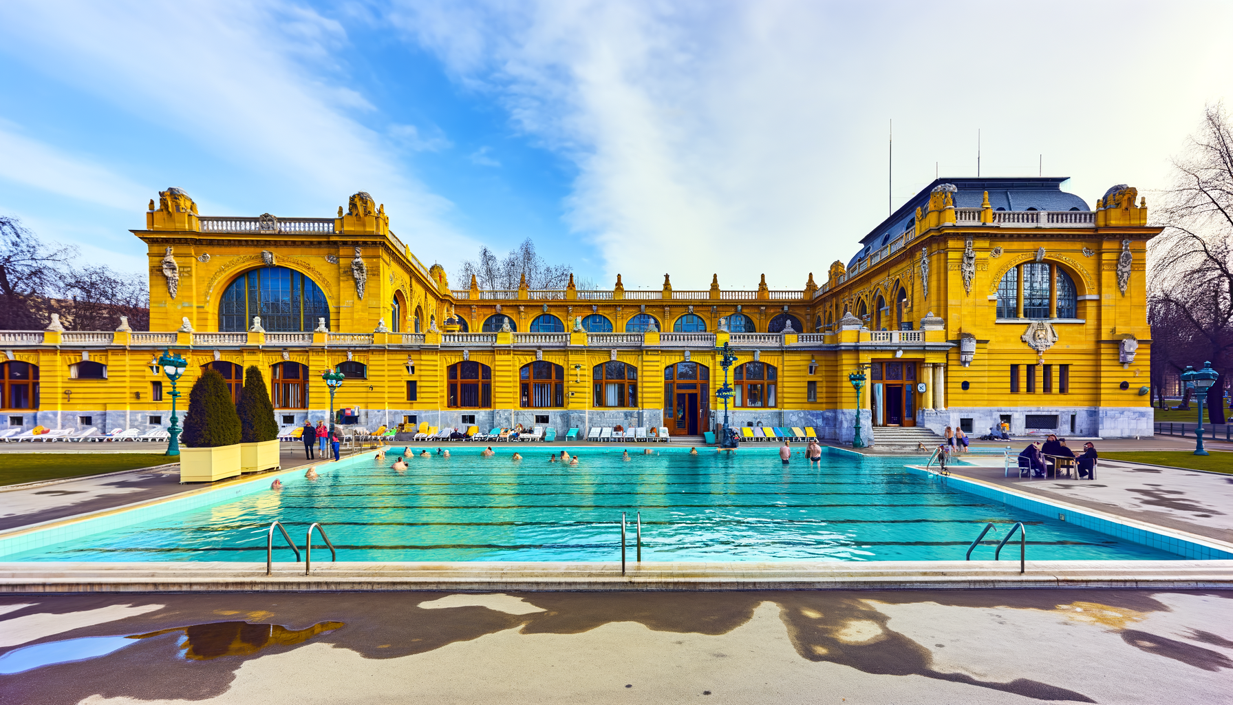 Széchenyi thermal bath outdoor pools and yellow neo-baroque facade in City Park
