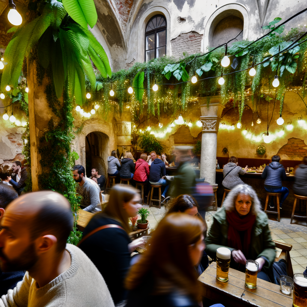 Eclectic ruin bar interior with plants and string lights in Budapest