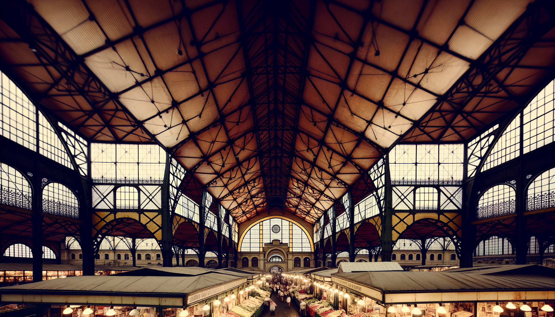 Great Market Hall interior with produce stalls and vaulted iron roof