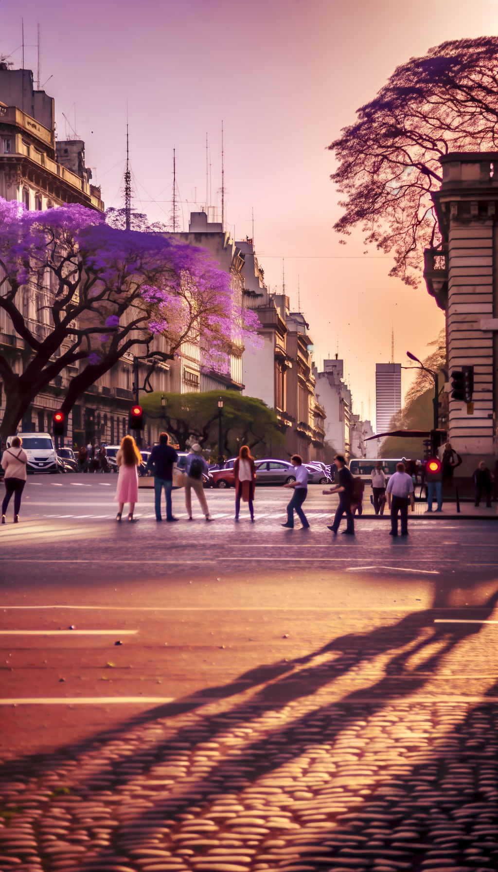 Pink sunset over the city skyline with soft clouds