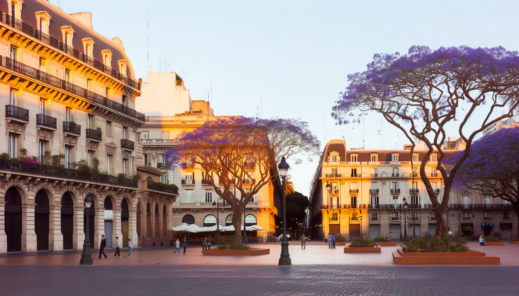 Plaza and European-style façades in warm late-day light