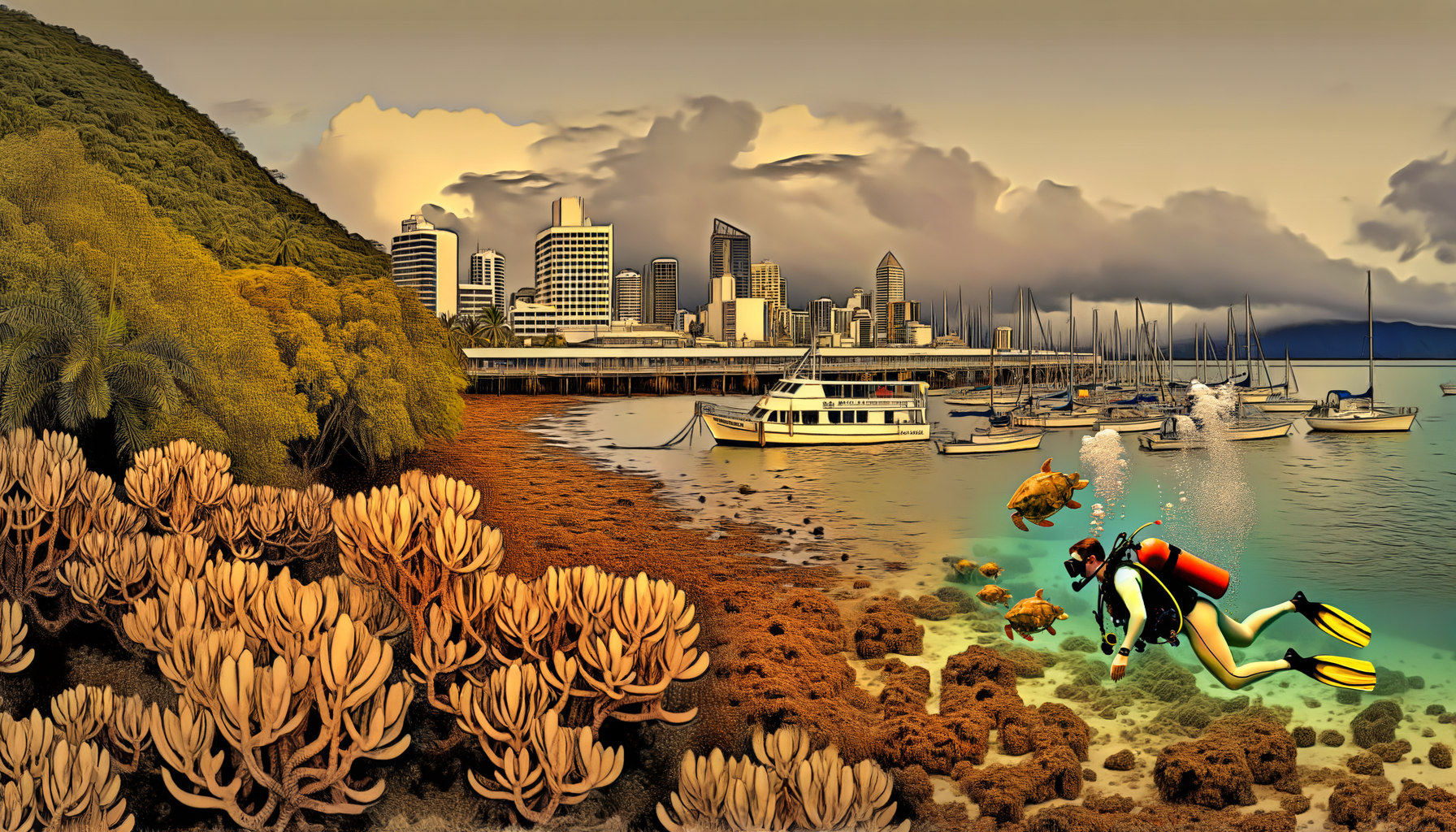 Scuba diver and sea turtle above a coral reef