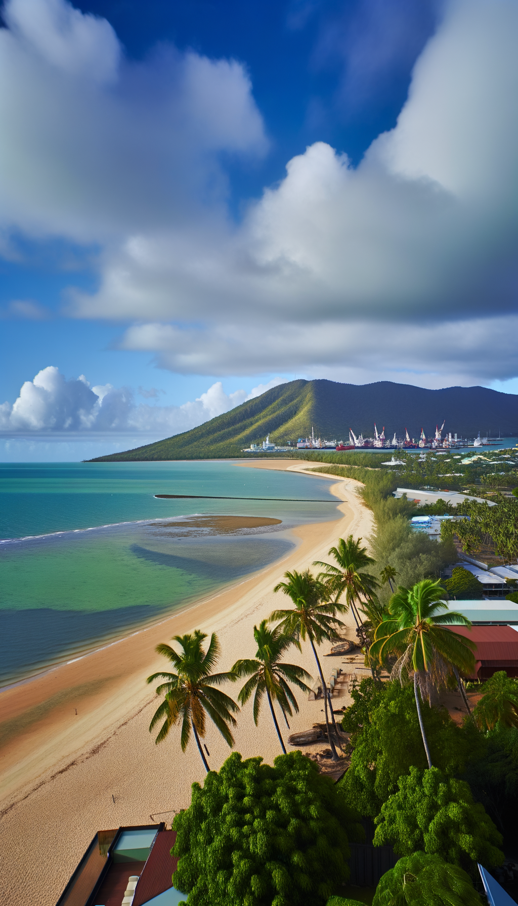 Tropical beach with clear blue water beside green hills