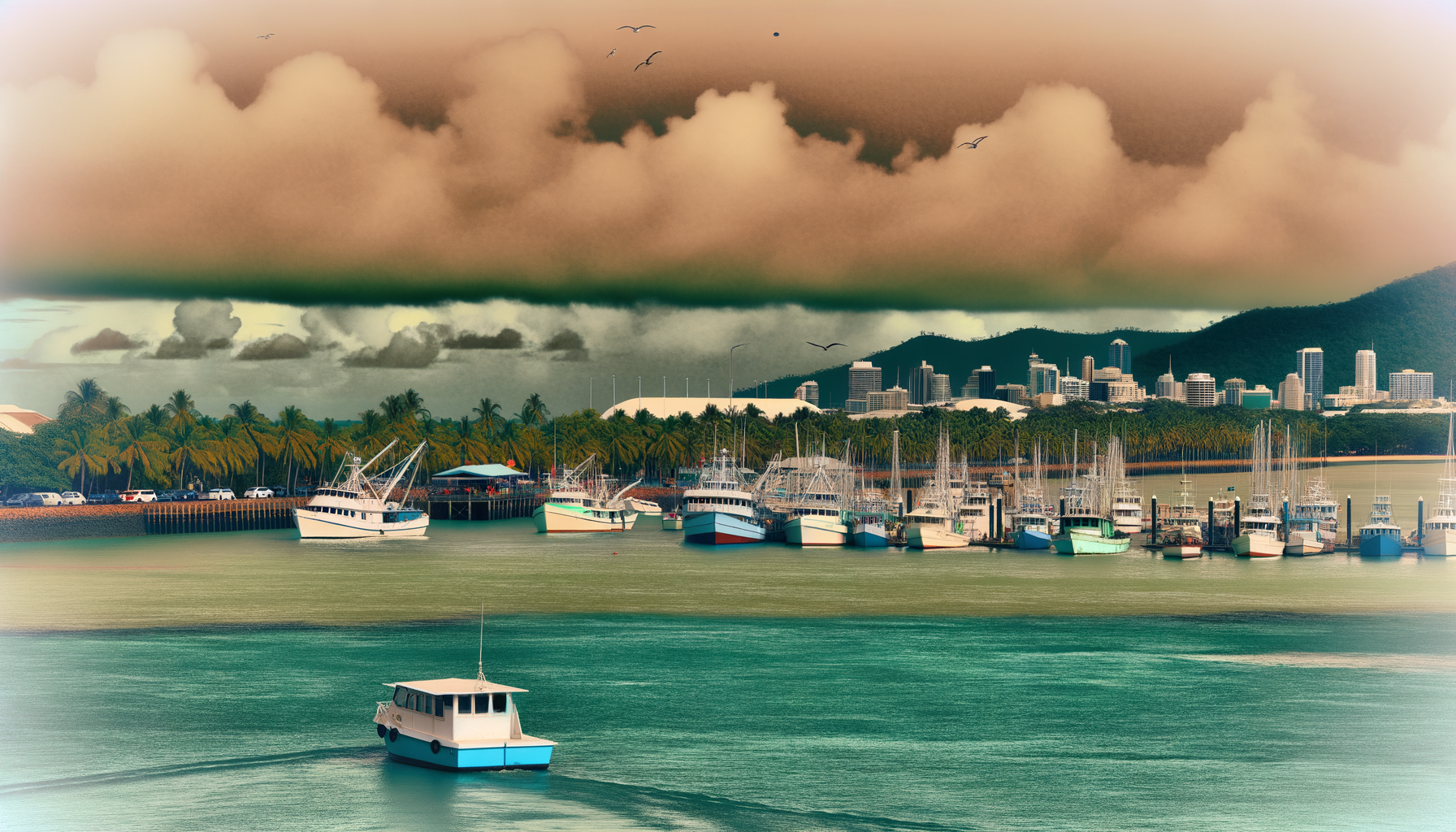 White and blue boat on turquoise sea under clouds