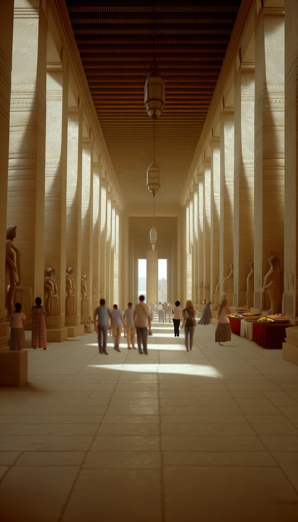 Interior of a grand hall with columns and visitors