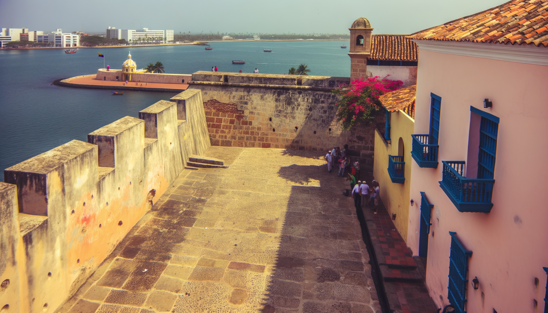 Historic fortified city walls beside blue Caribbean water