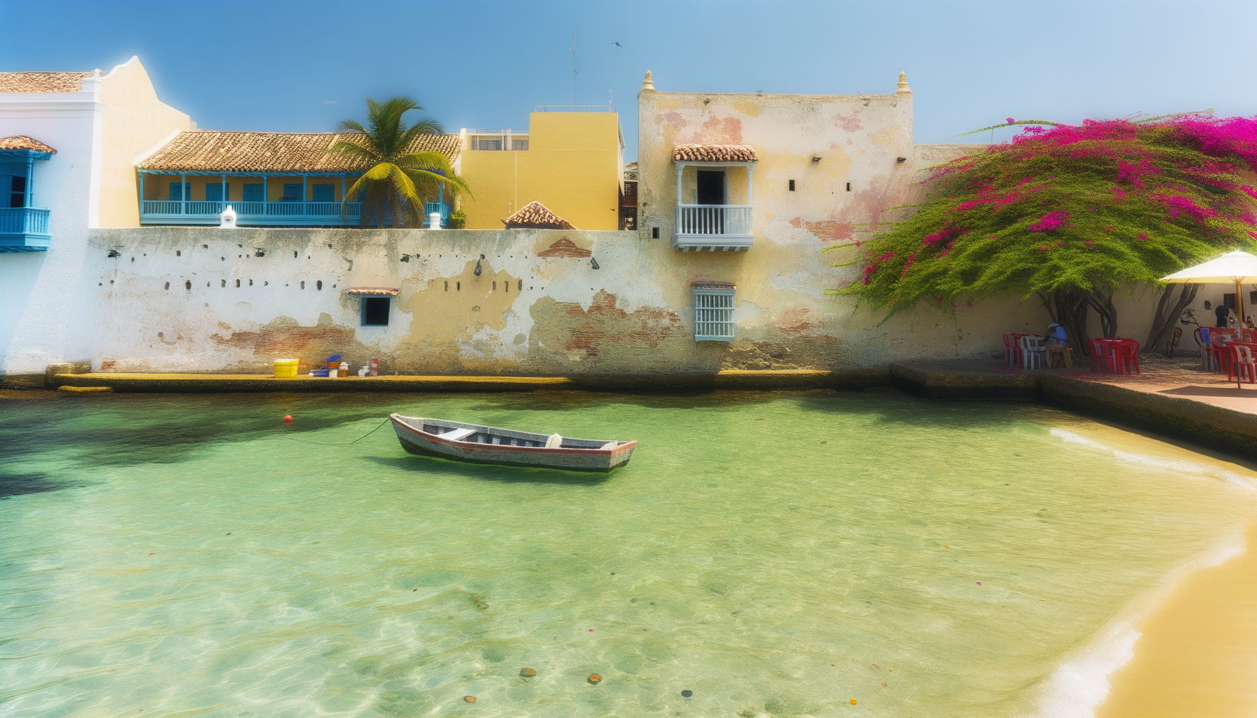 Small boat on clear turquoise water near a sandy shore