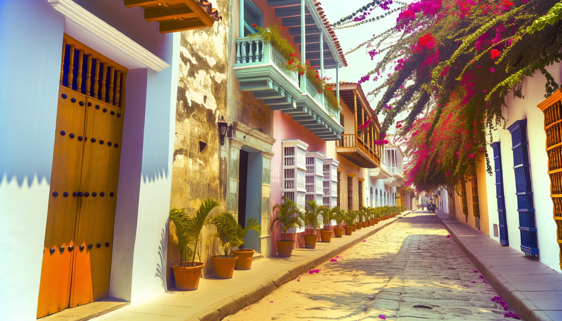 Colonial balconies and pastel facades along a Cartagena street