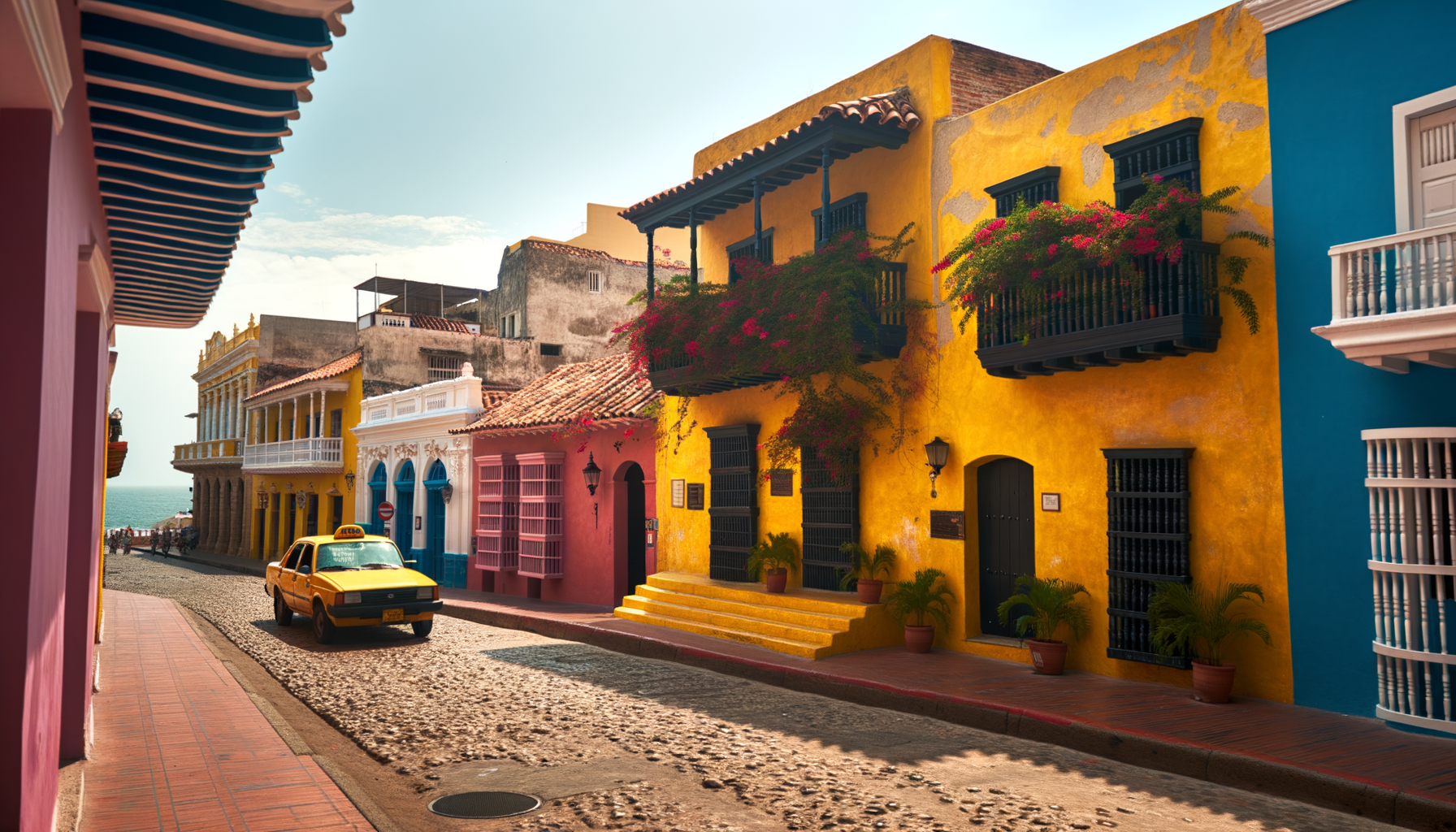 Bright buildings and a yellow taxi on a street inside the walled city