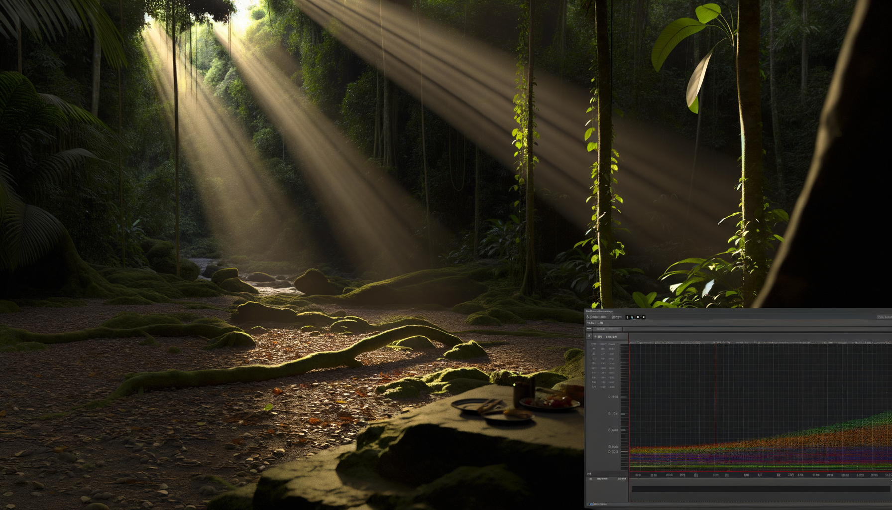 Dense tropical rainforest canopy with light rays
