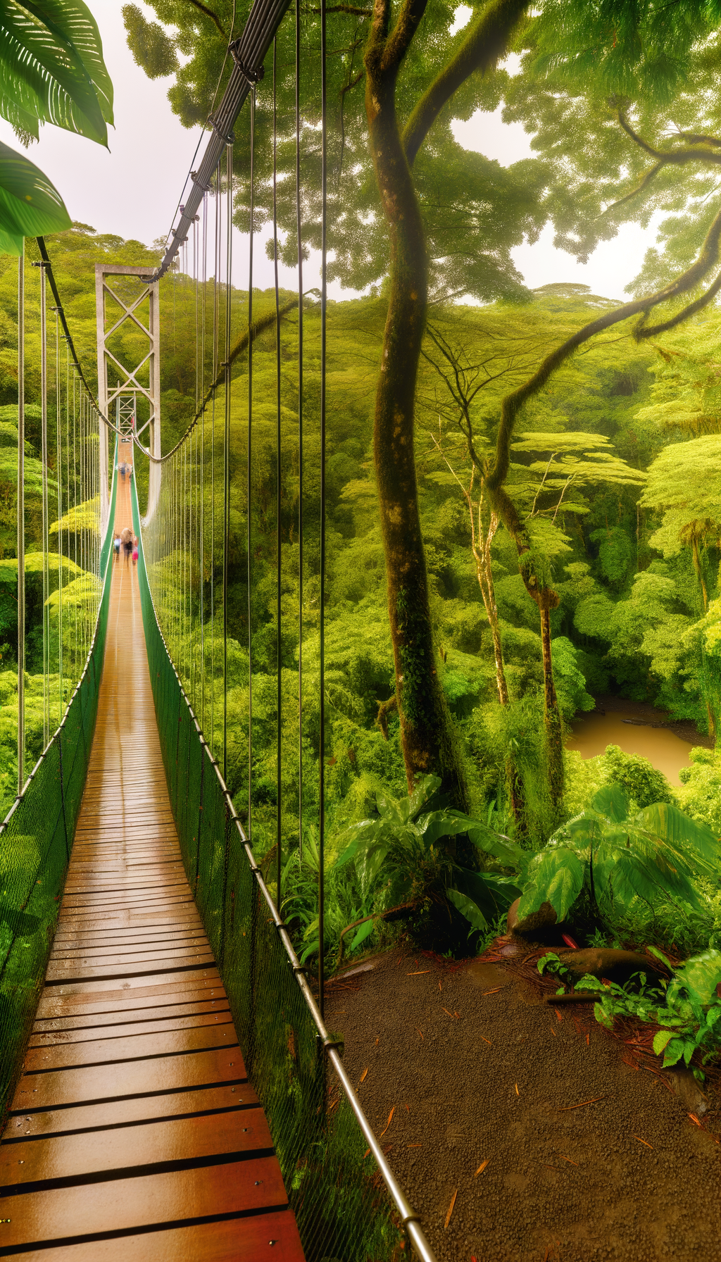 Suspension bridge through lush green jungle treetops