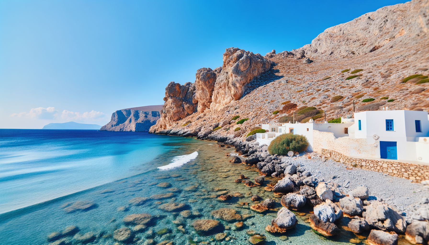 Rocky Cretan shore and clear Libyan Sea under a wide sky